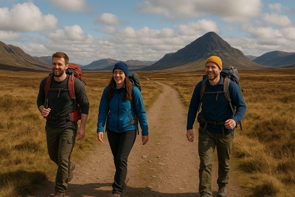 Hikers with backpacks crossing Rannoch Moor on the West Highland Way in Scotland