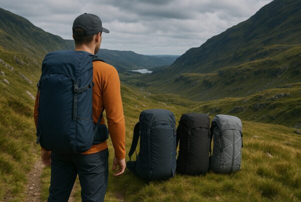 Hiker overlooking UK valley with multiple premium hiking backpacks (no logos)