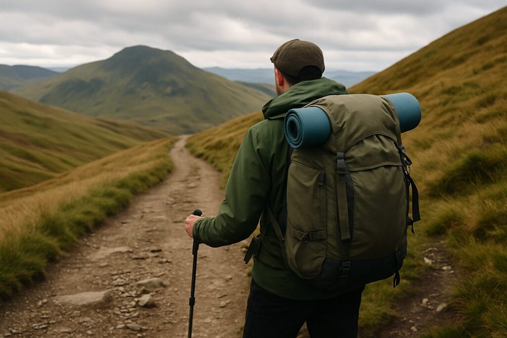 Male hiker wearing a green jacket and large backpack with a blue sleeping mat, walking with a trekking pole on a rugged UK trail with rolling hills in the background