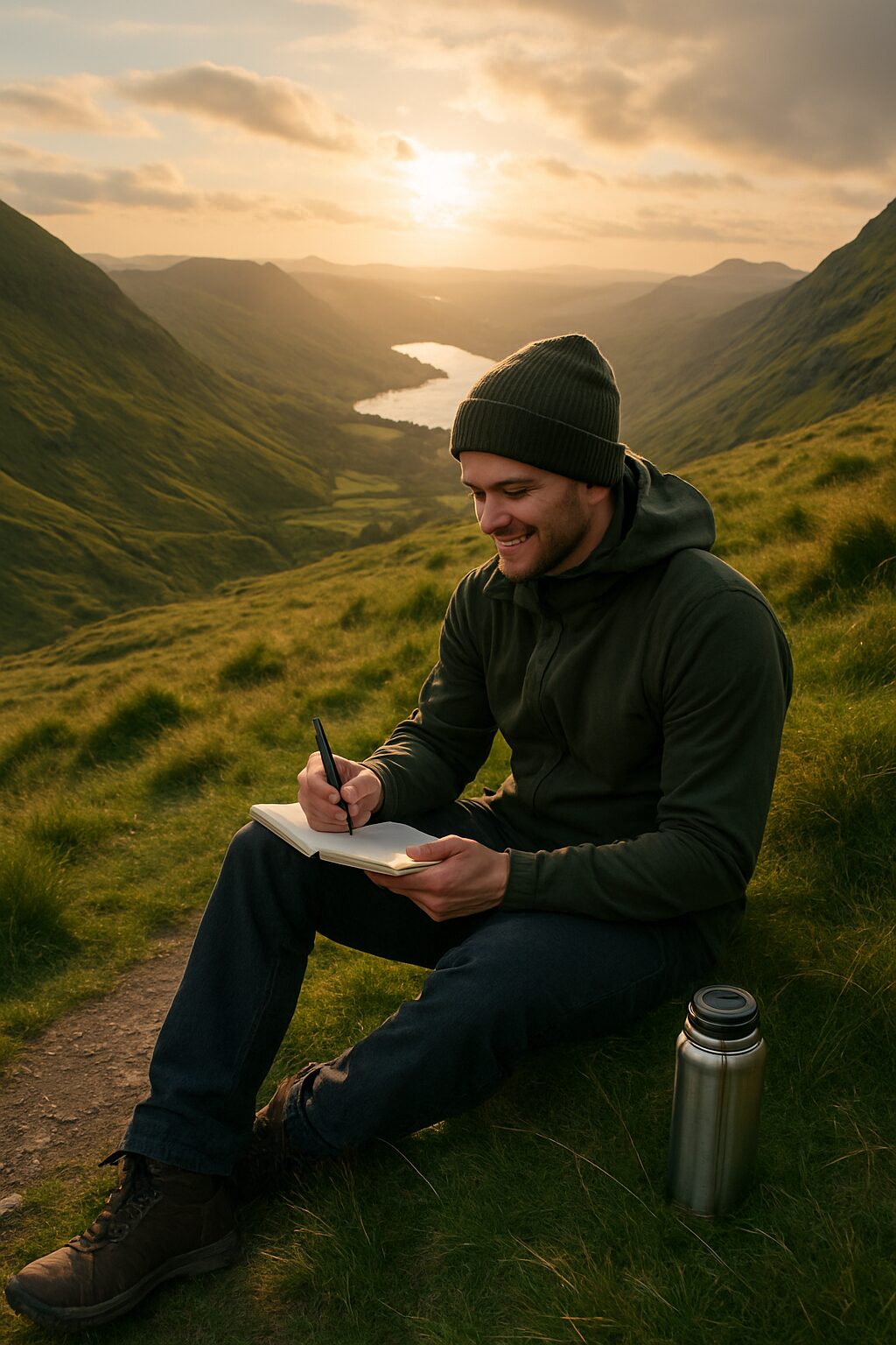 Smiling hiker sitting on a grassy ridge in the Lake District, journaling in a notebook with a flask of tea nearby — symbolising mindfulness and reflection
