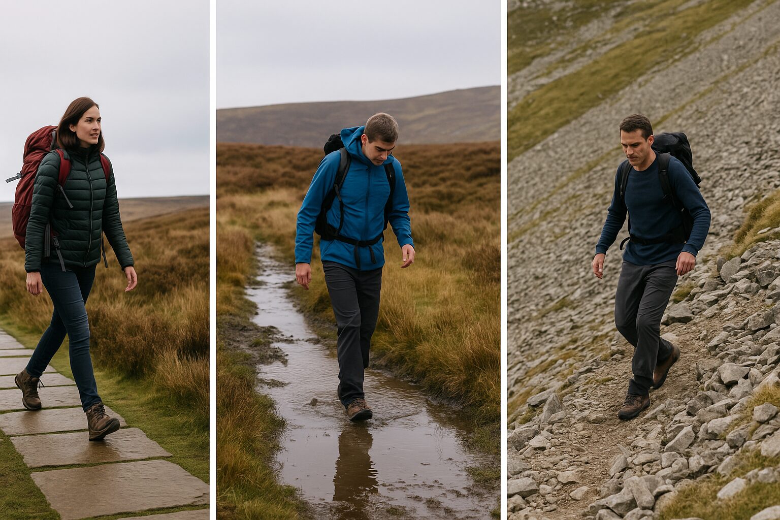 Split image showing a female hiker on a flagstoned moorland path, a hiker stepping carefully through a bog, and a hiker descending rocky scree in the UK hills.