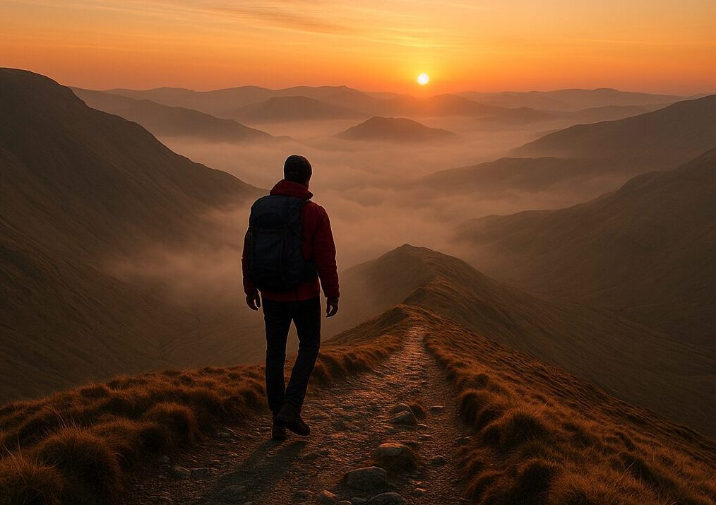 Lone hiker walking along a misty ridge in the Lake District at sunrise — symbolising peace, reflection, and possibility