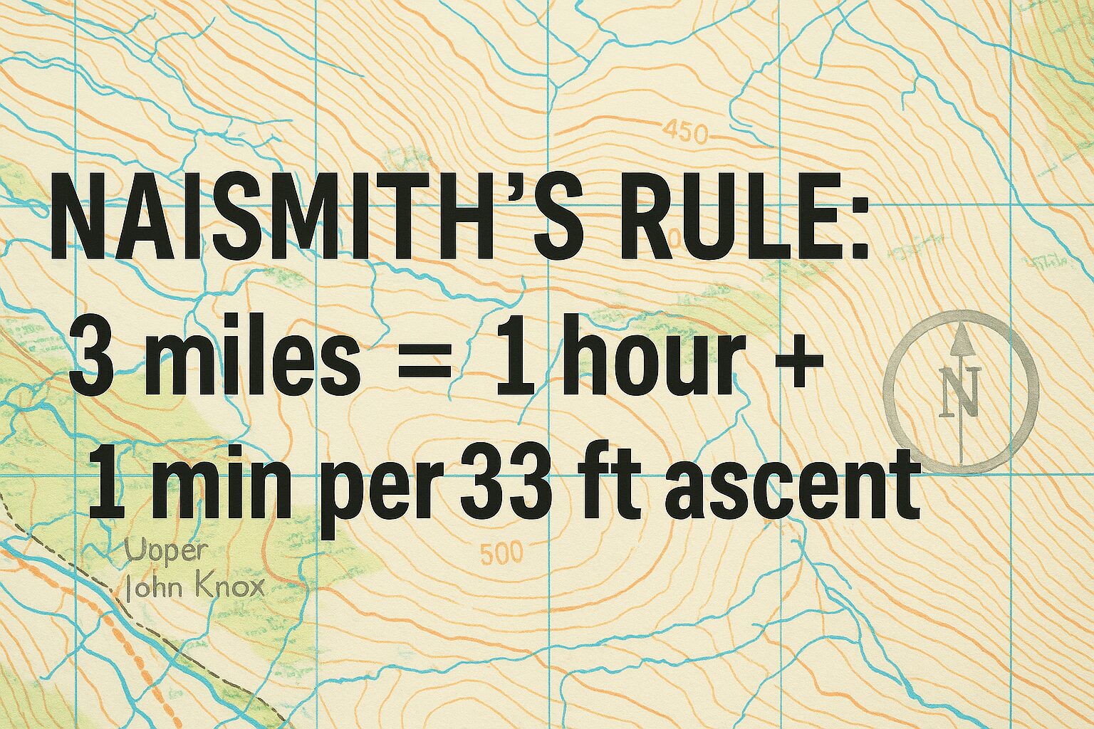 Infographic of Naismith’s Rule displayed over an Ordnance Survey map with contour lines and a compass rose.