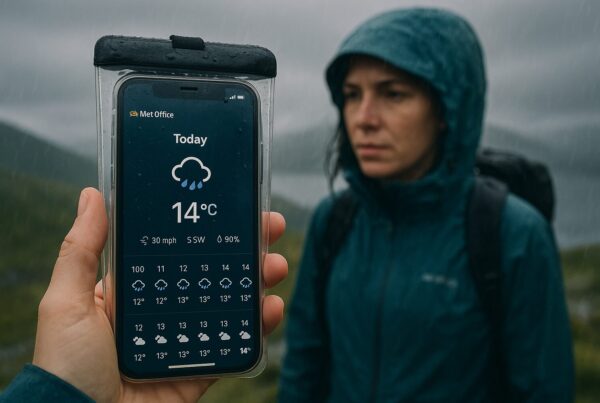 Female hiker in rain gear checks Met Office weather forecast on iPhone in the Scottish Highlands