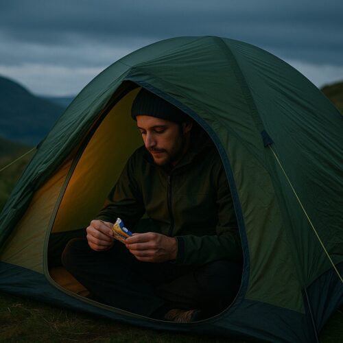 male hiker sitting in a green tent at twilight, unwrapping a flapjack for a night snack in the UK hills