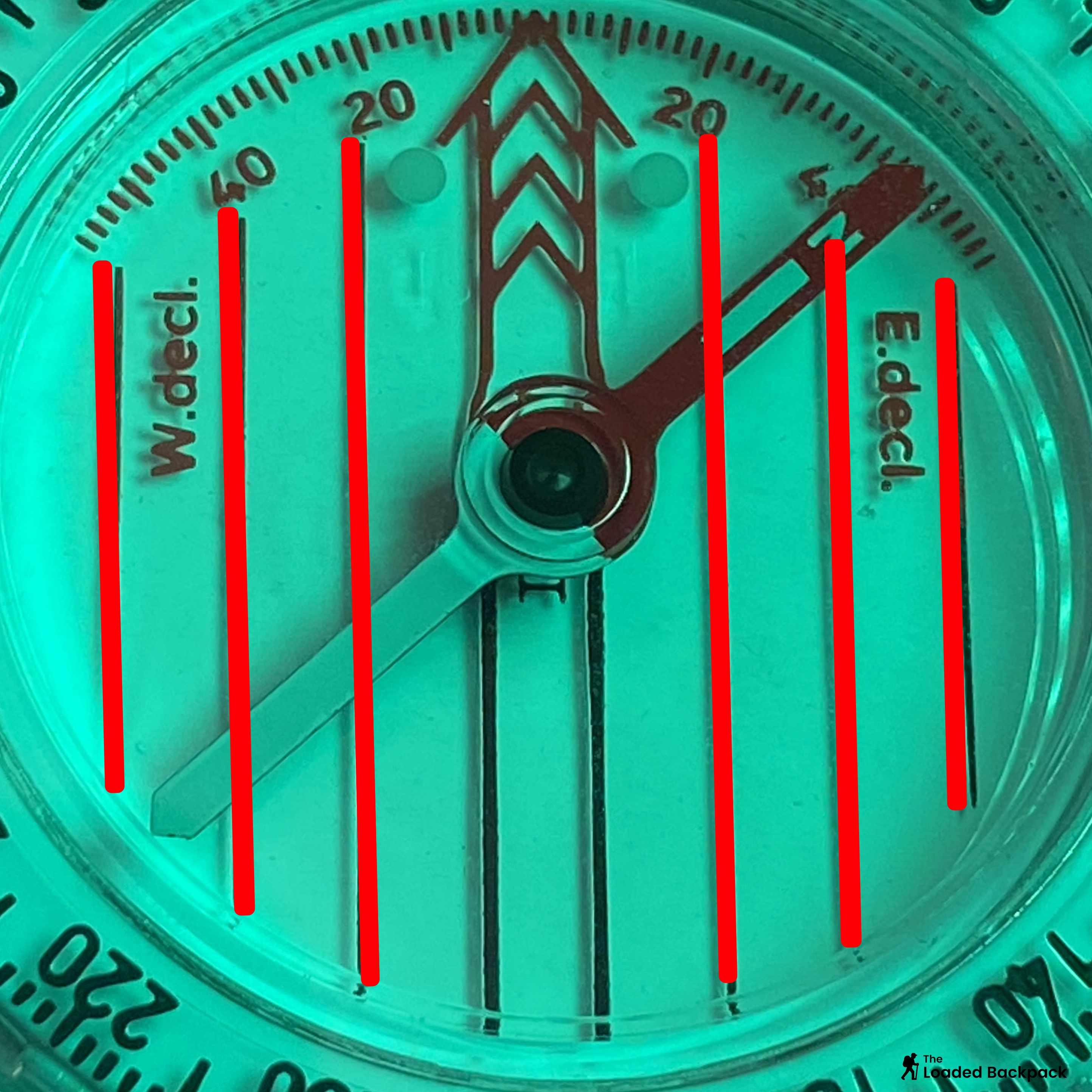 The Orienting Lines (Meridian Lines) inside the compass capsule aligned exactly parallel with the blue North-South OS map grid lines